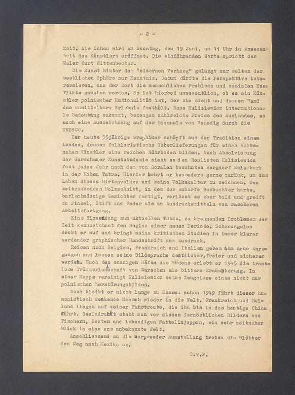 Bremer Nachrichten. Der polnische Zeichner Kulisiewicz Ausstellung in der Kunsthalle Vogeler