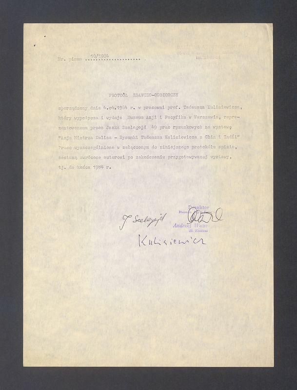 Protokół zdawczo-odbiorczy wypożyczenia prac T. Kulisiewicza do Muzeum Azji i Pacyfiku w Warszawie