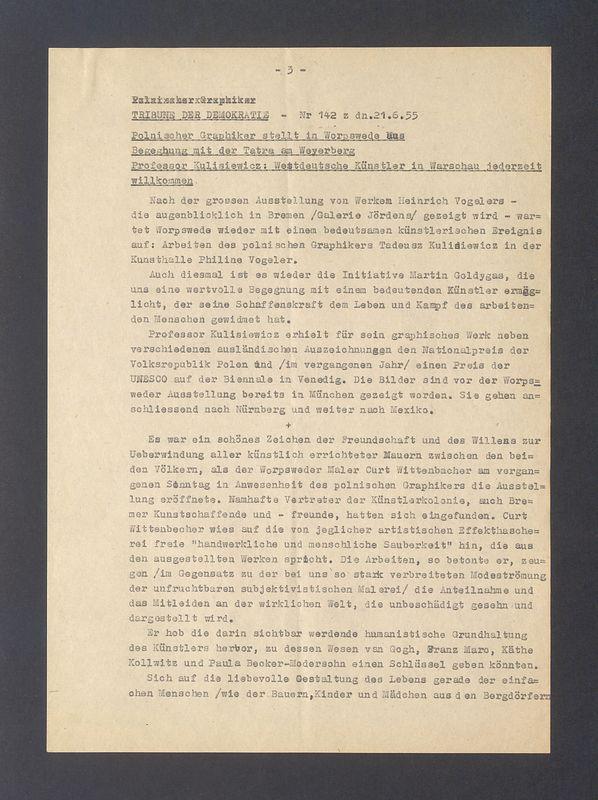 Bremer Nachrichten. Der polnische Zeichner Kulisiewicz Ausstellung in der Kunsthalle Vogeler