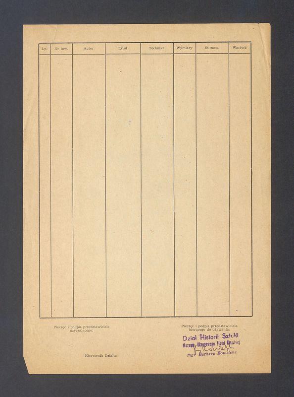 Protokół zdawczo-odbiorczy wypożyczenia prac T. Kulisiewicza dla  Muzeum Okręgowego Ziemi Kaliskiej