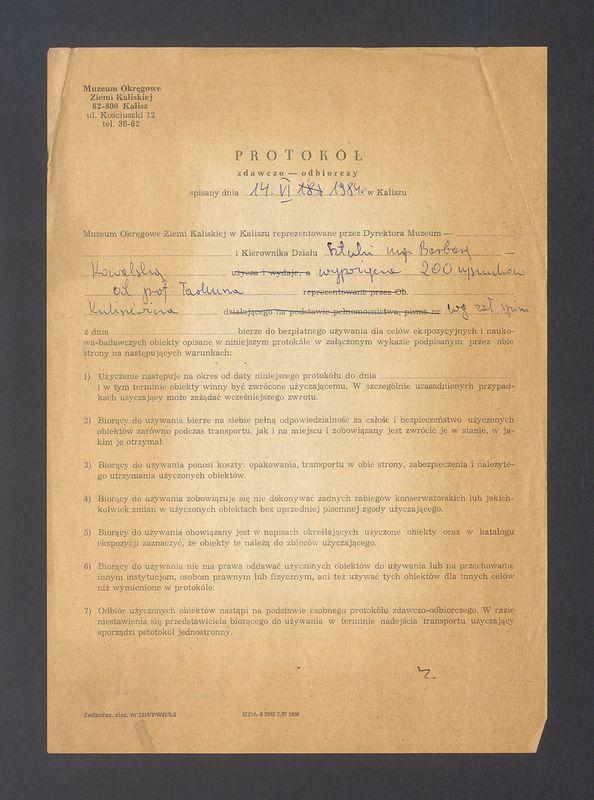 Protokół zdawczo-odbiorczy wypożyczenia prac T. Kulisiewicza dla  Muzeum Okręgowego Ziemi Kaliskiej