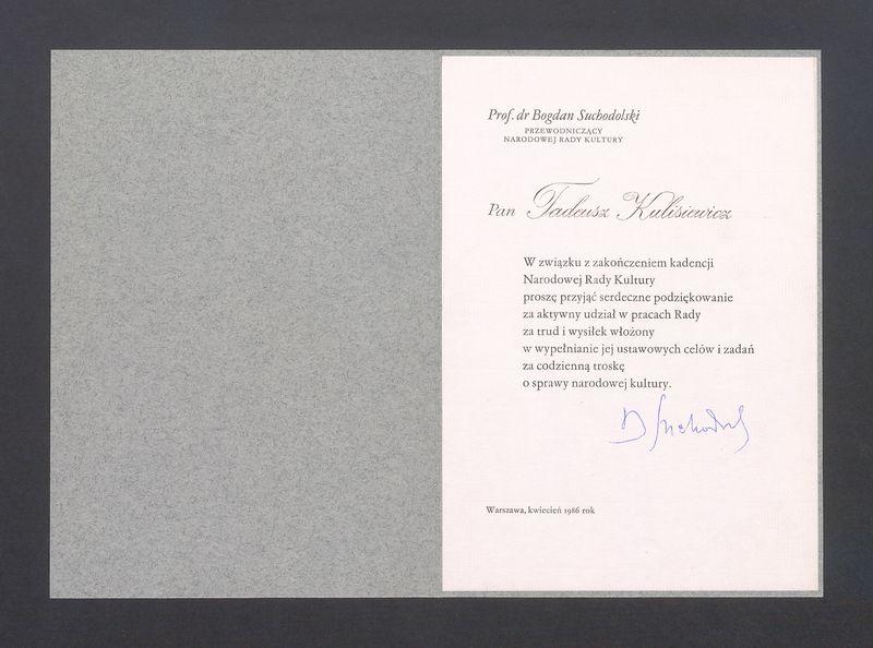 Podziękowanie za udział w pracach Narodowej Rady Kultury