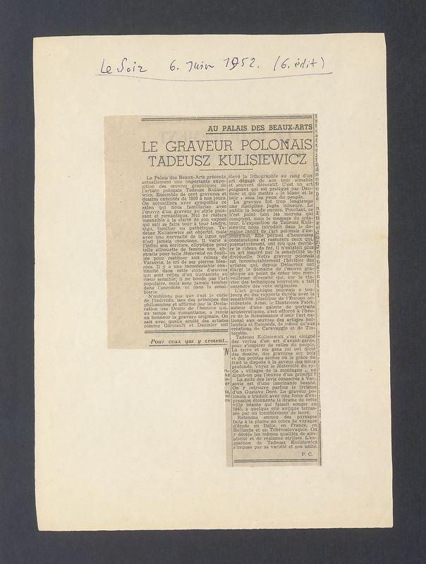 Recenzja. Au Palais de Beaux-Arts. Le graveur polonais Tadeusz Kulisiewicz
