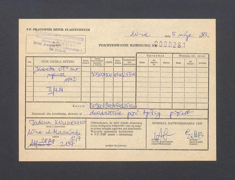 Pokwitowanie komisowe. "Kobieta VII akt rysunek 1972