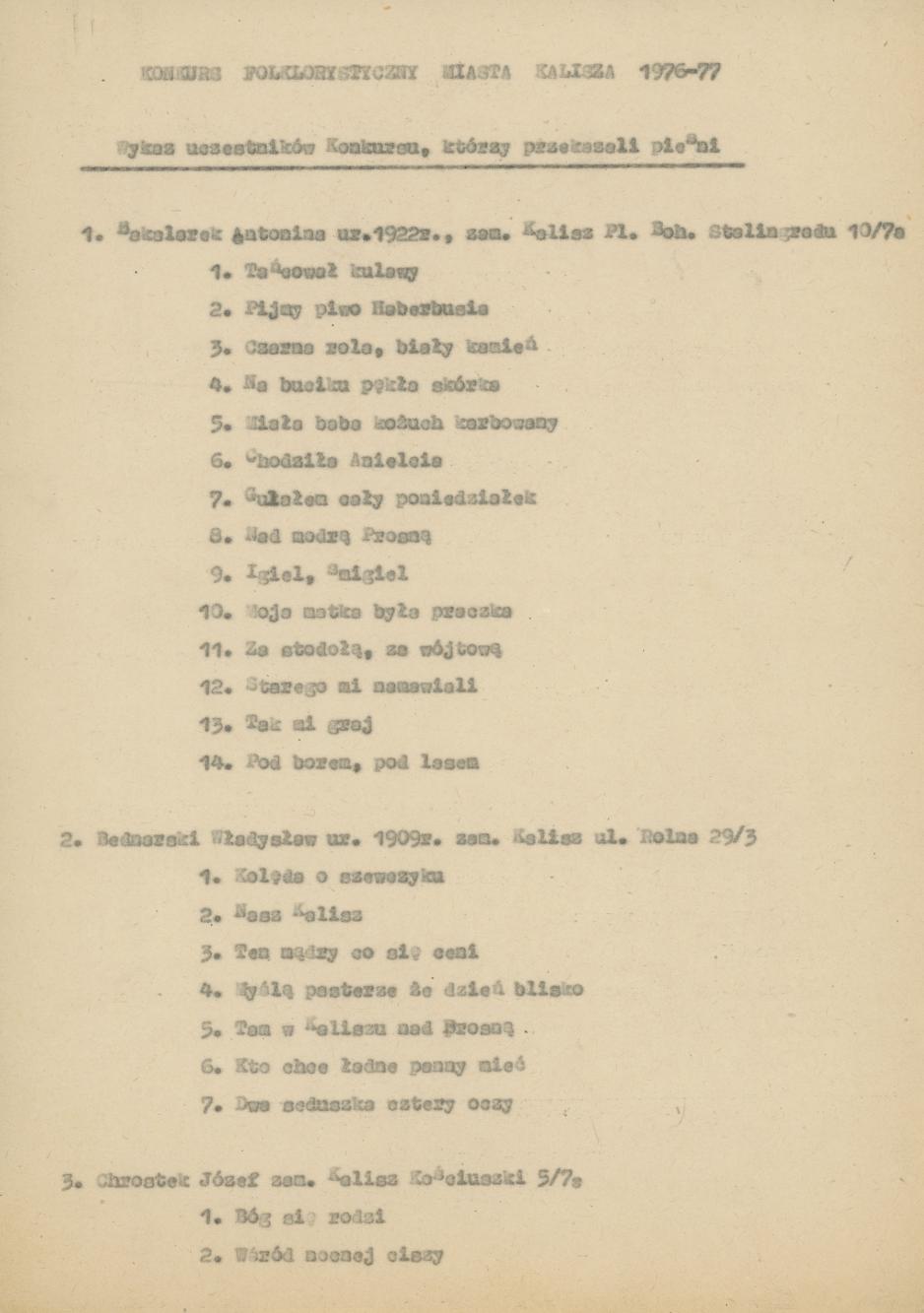 Wykaz uczestników Konkursu folklorystycznego miasta Kalisza 1976/77, cz. 2