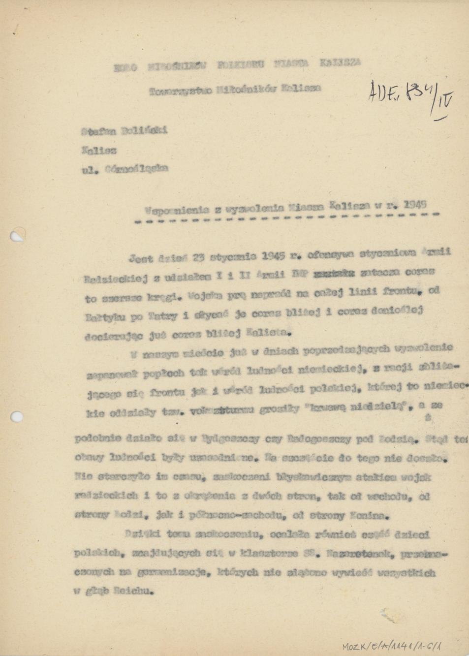 Wspomnienie z wyzwolenia Miasta Kalisza w r. 1945