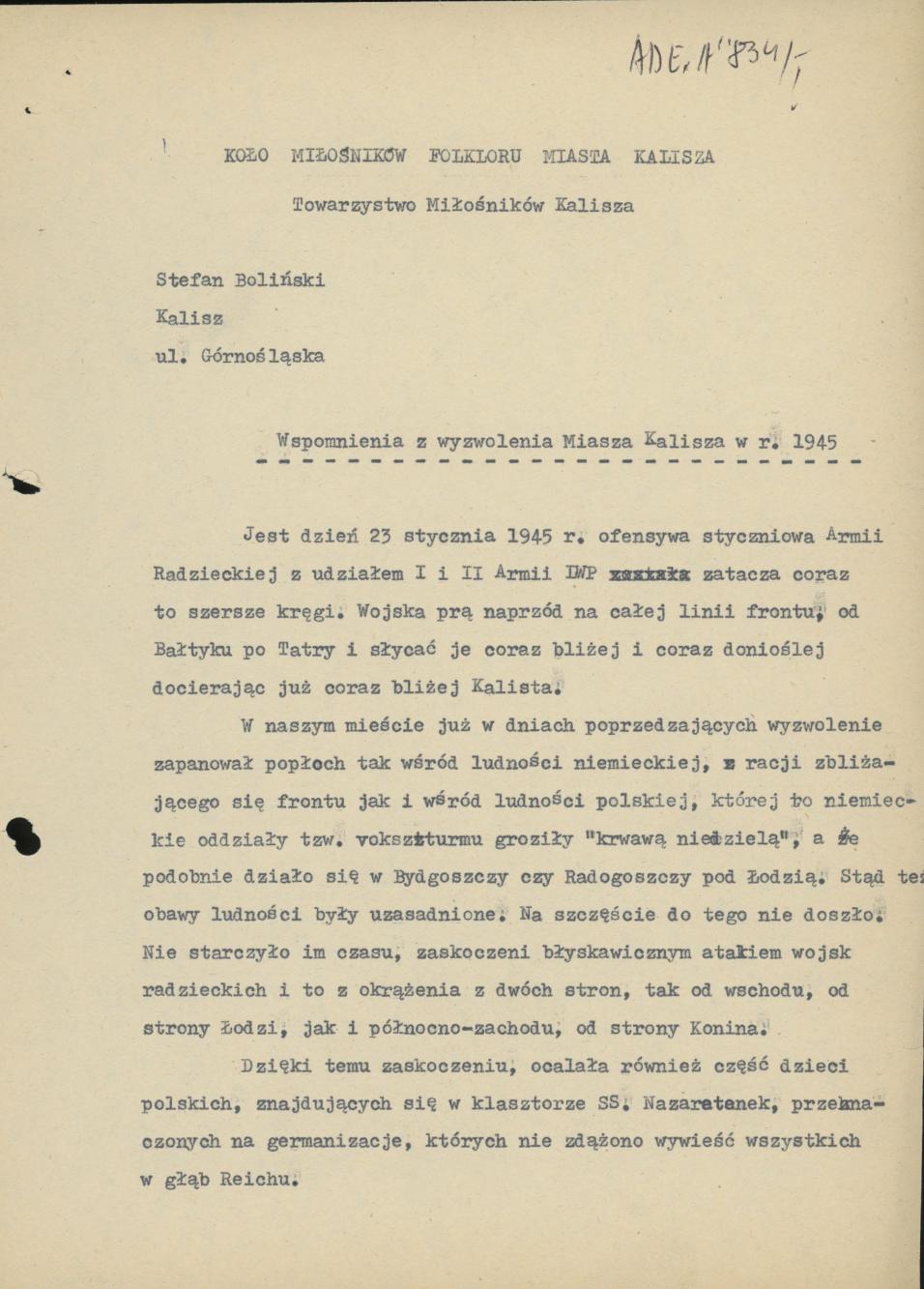 Wspomnienia z wyzwolenia miasta Kalisza w r. 1945