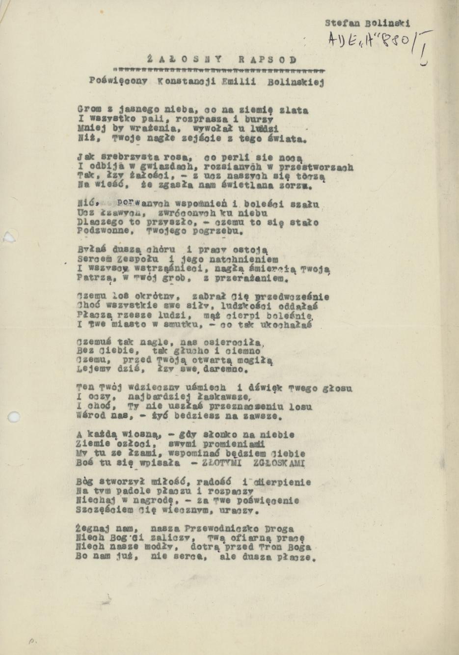 Żałosny rapsod poświęcony Konstancji Emilii Bolińskiej