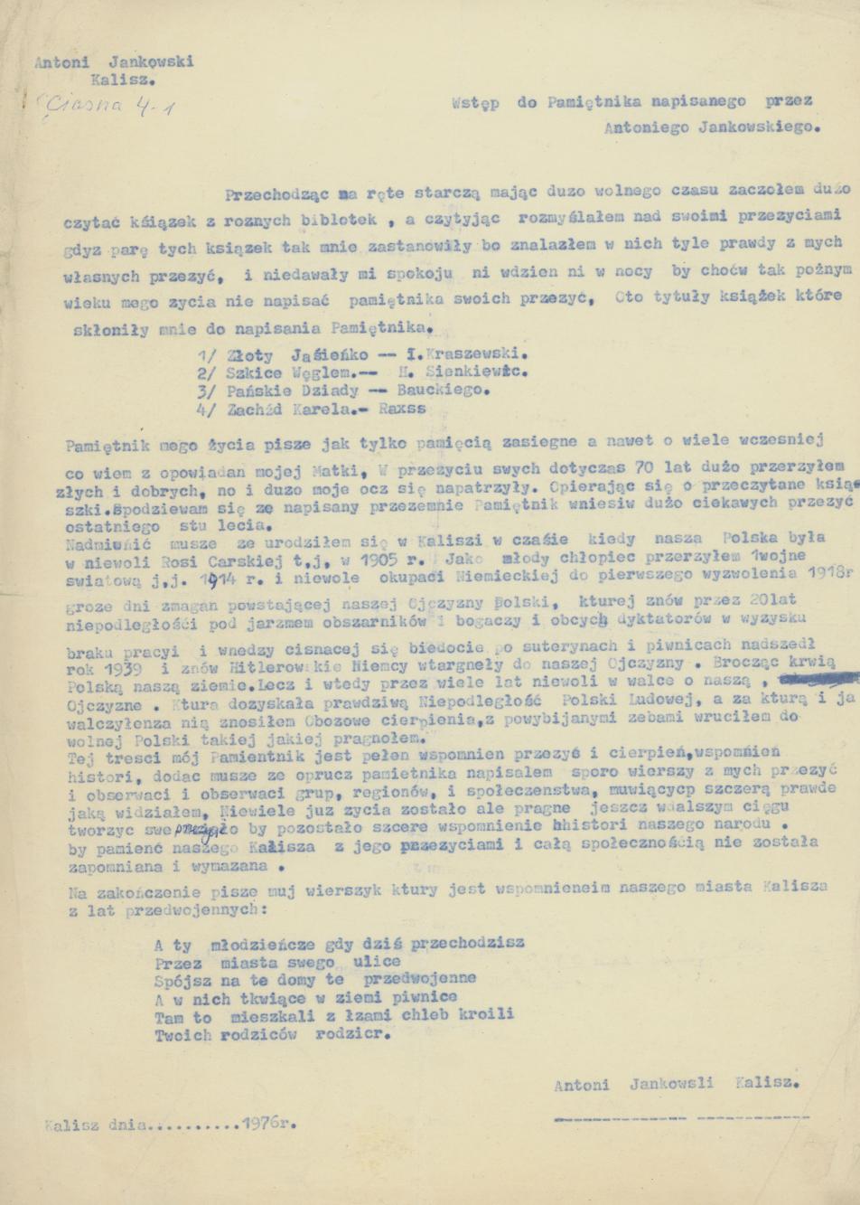 Wstęp do Pamiętnika napisanego przez Antoniego Jankowskiego