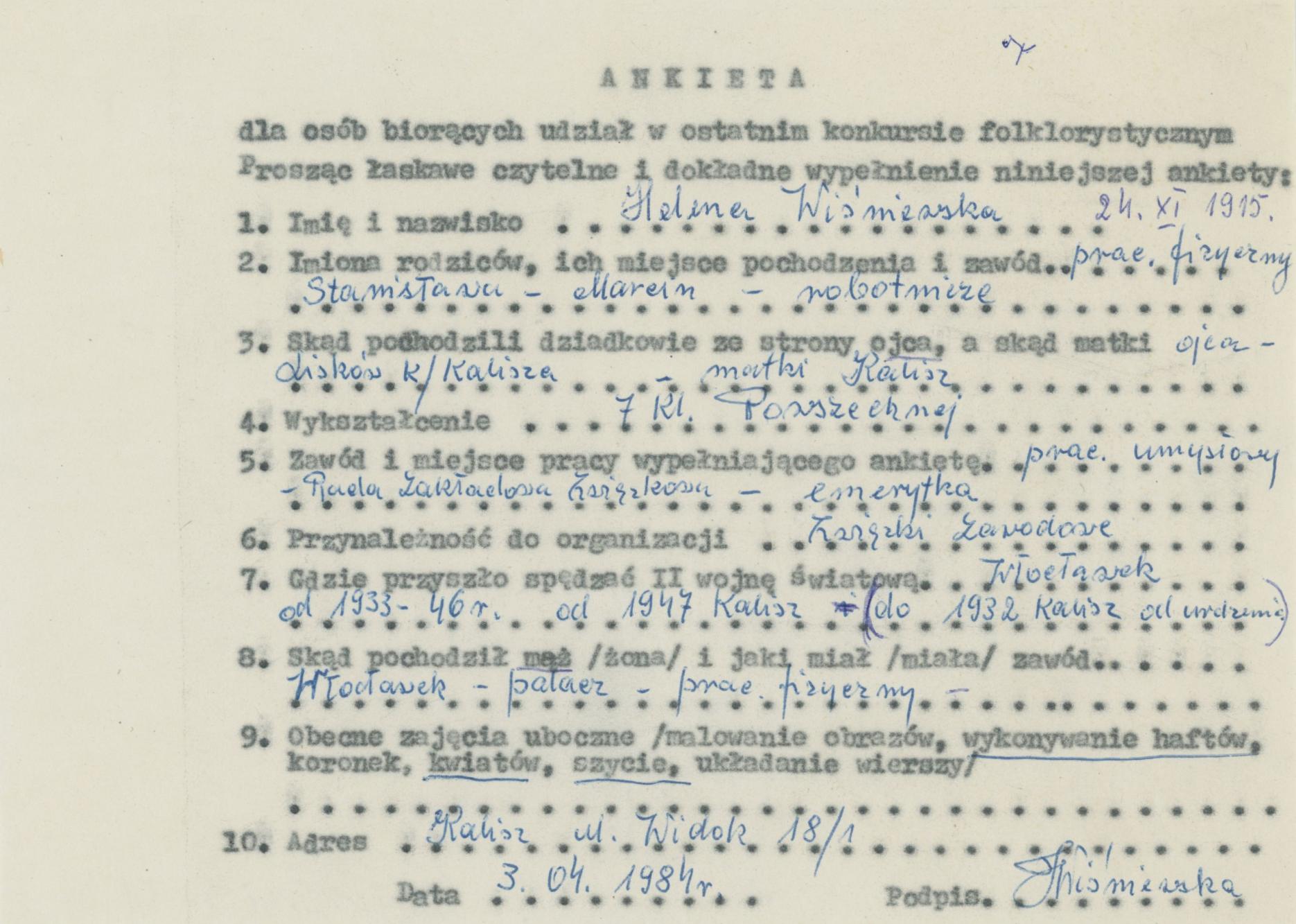 Helena Wiśniewska - ankieta osobowa