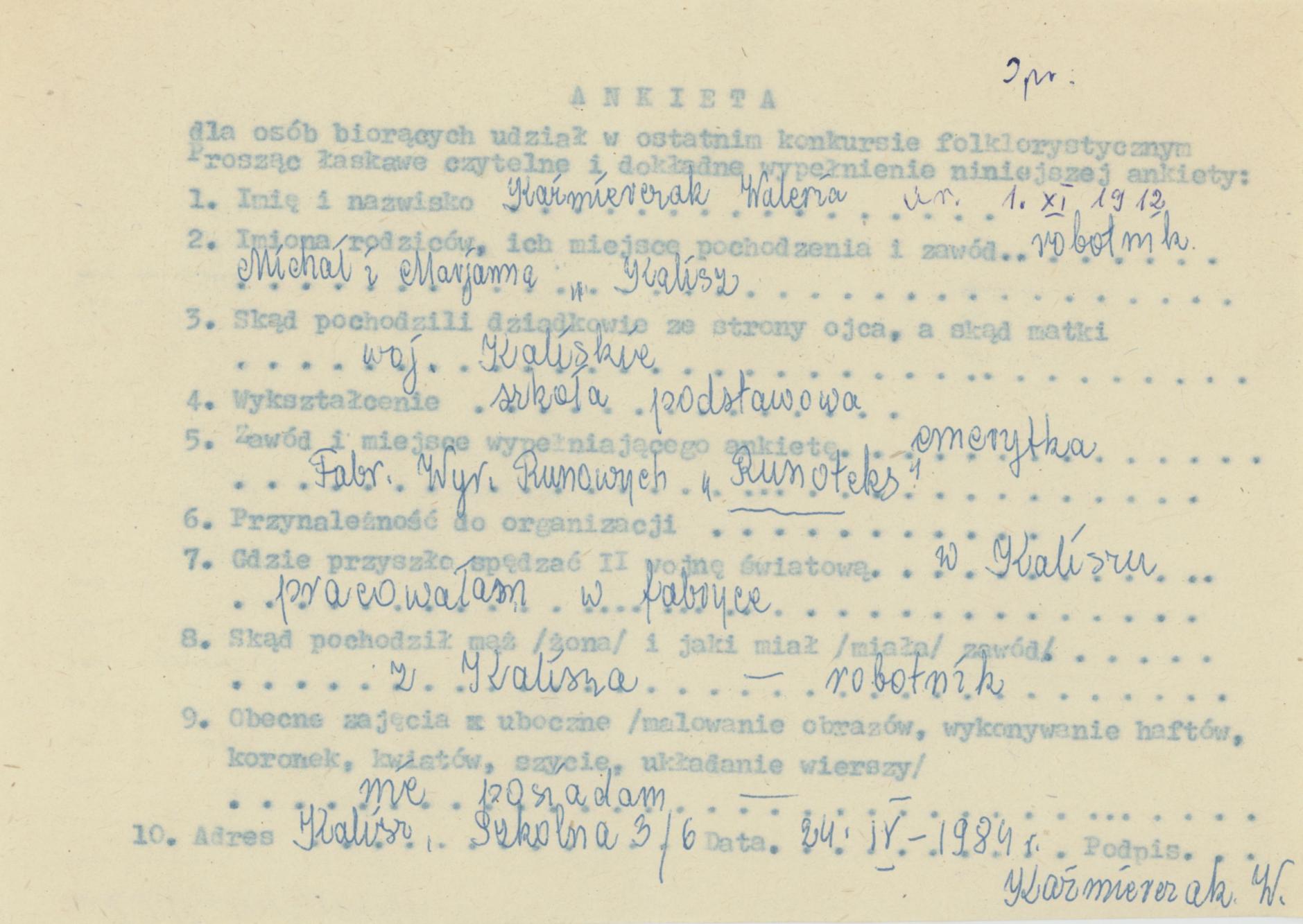 Waleria Kaźmierczak - ankieta osobowa