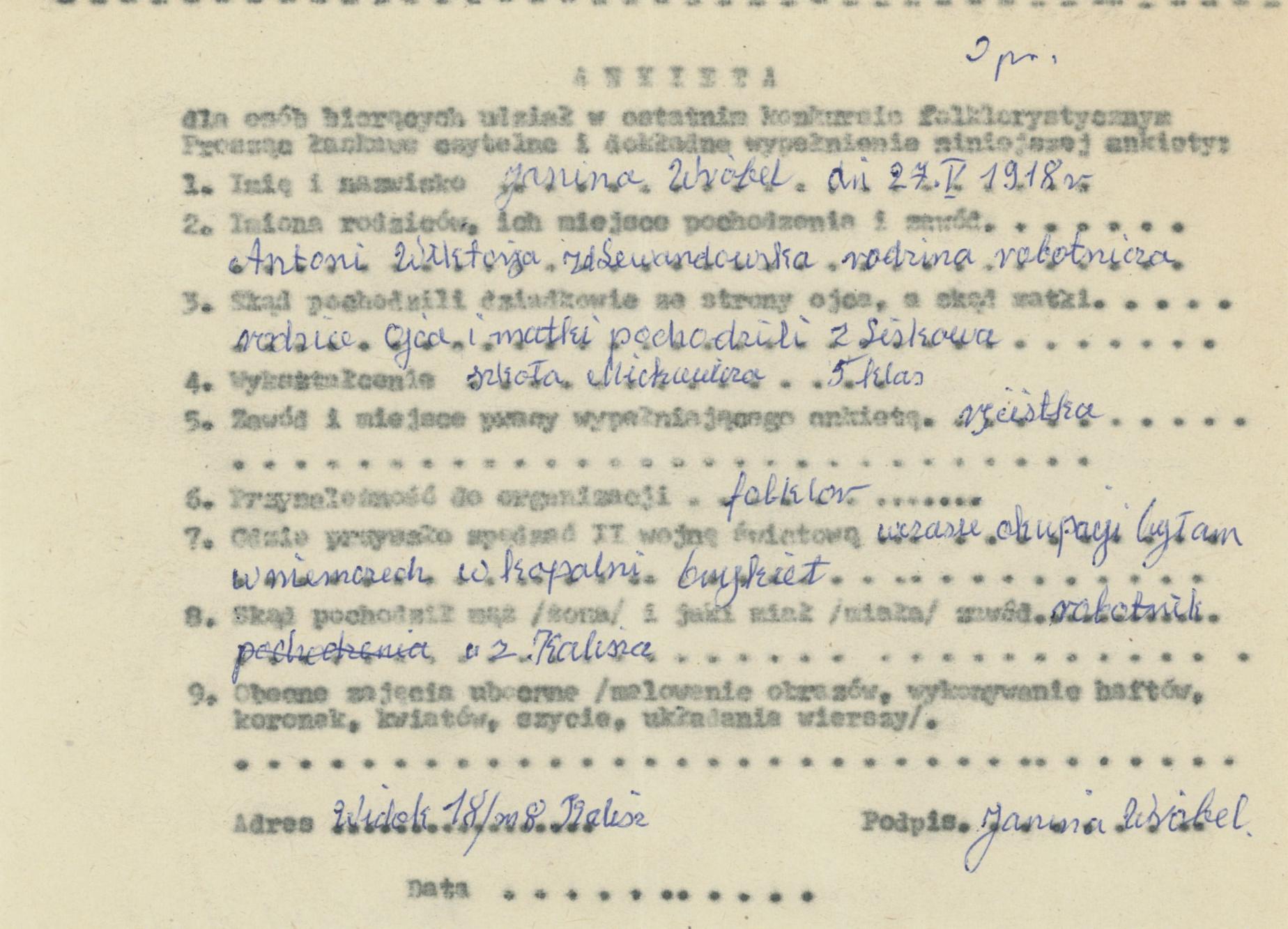 Janina Wróbel - ankieta osobowa