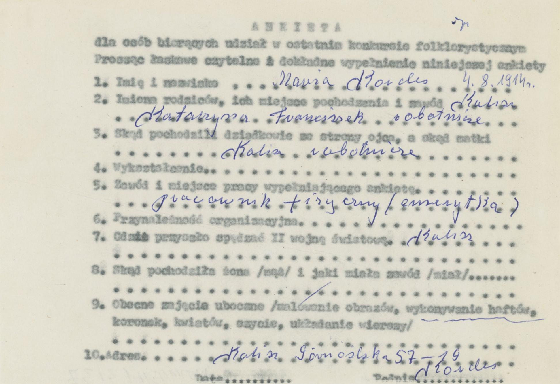 Maria Kordes - ankieta osobowa