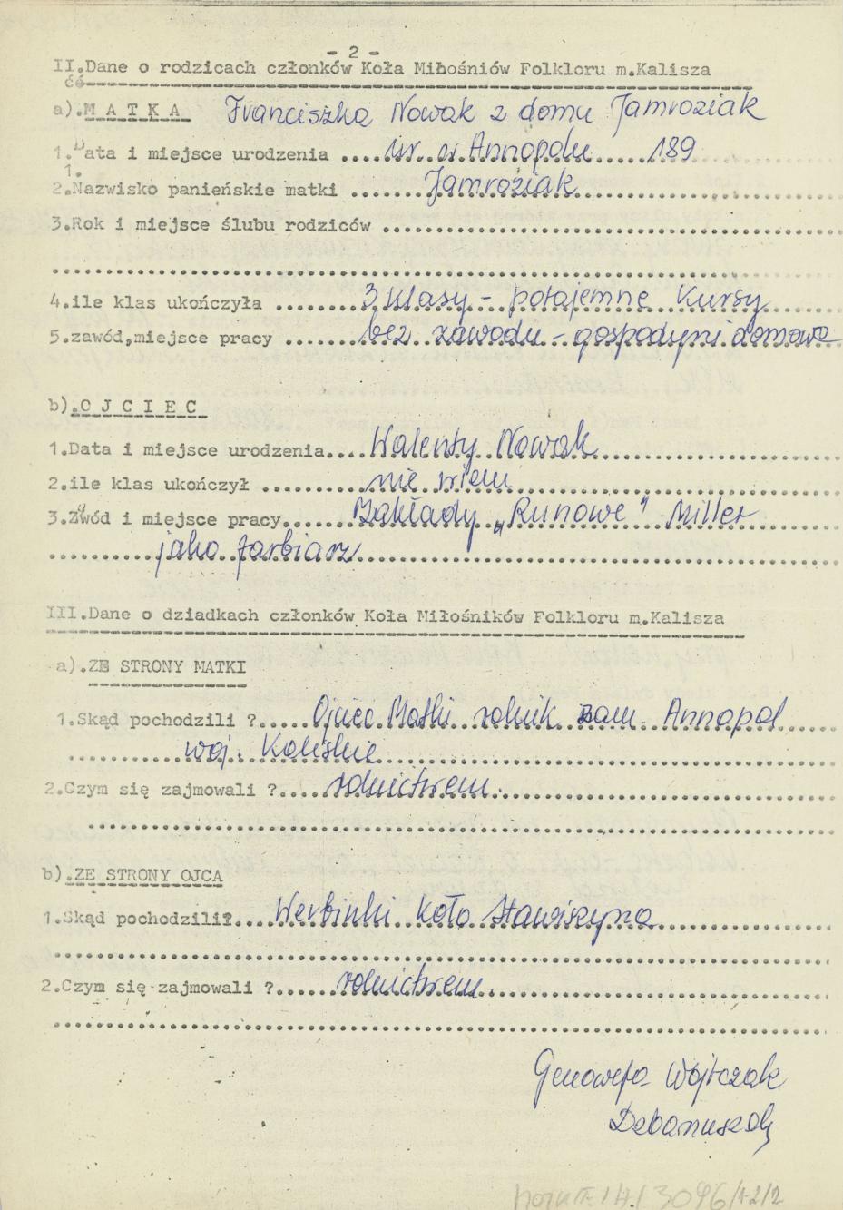 Genowefa Wojtczak-Dzbanuszek - kwestionariusz osobowy