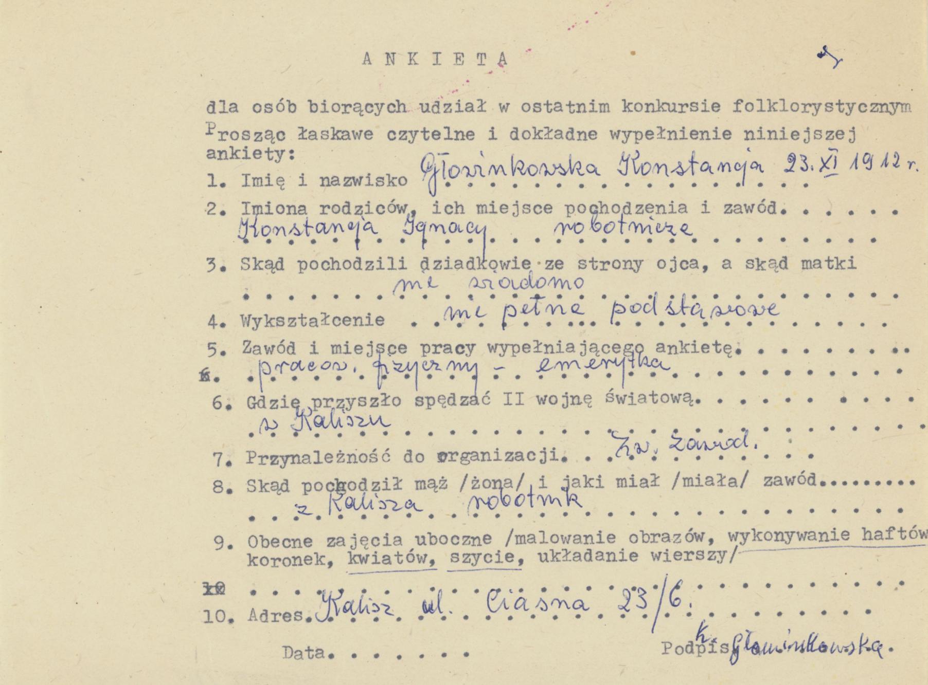 Konstancja Głowinkowska - ankieta osobowa