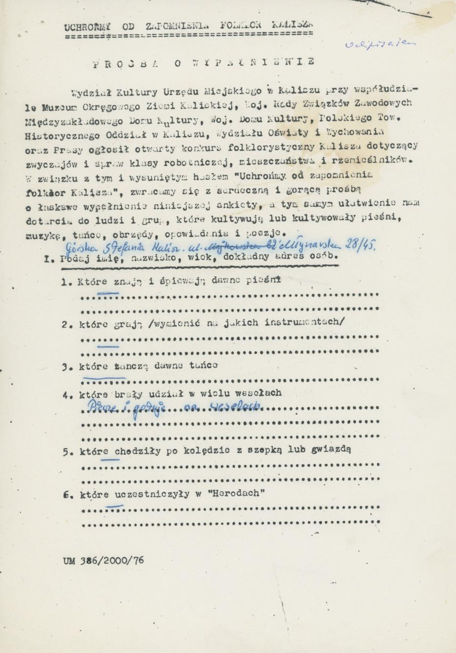 Konkurs Folklorystyczny Kalisza - blankiet