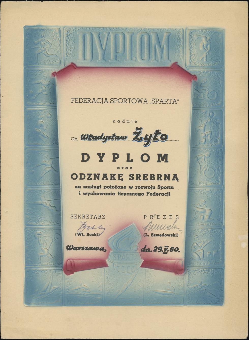 Dyplom, Federacja Sportowa „Sparta” dla ob. Władysława Żyto