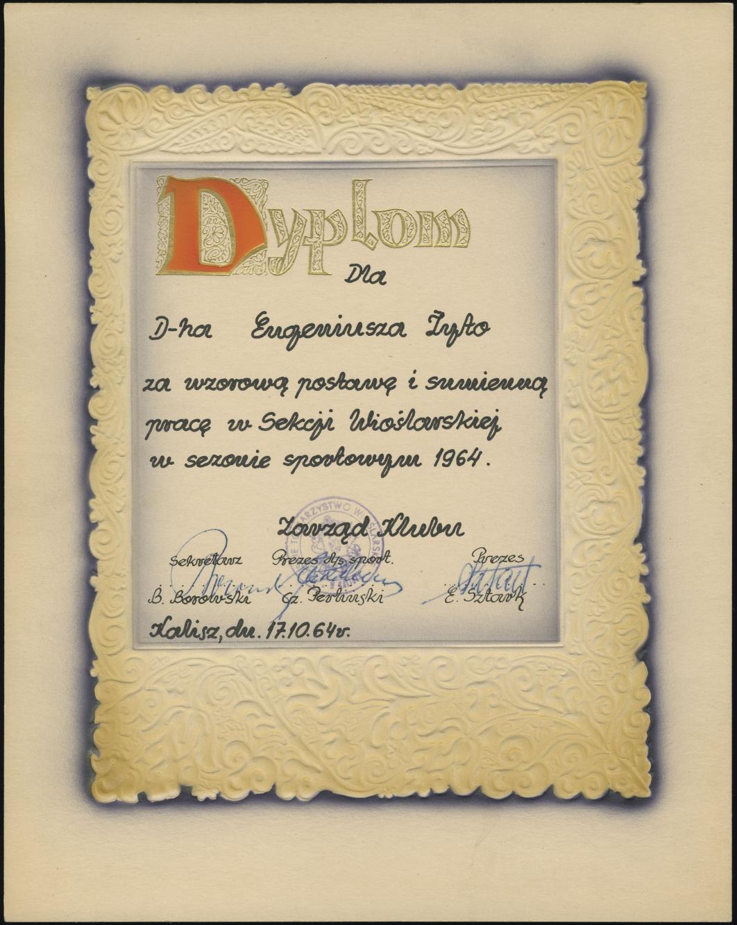 Dyplom dla druha Eugeniusza Żyto