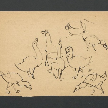 Gęsi; kobieta na ławce