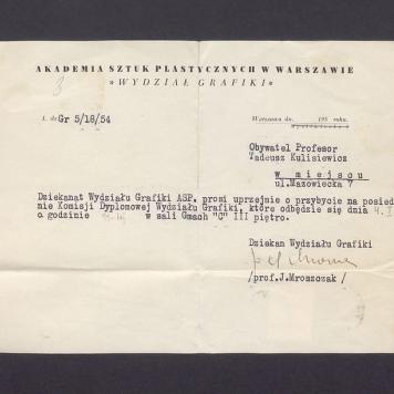 Prośba o przybycie na posiedzenie Komisji Dyplomowej Wydziału Grafiki Akademii Sztuk Plastycznych w Warszawie