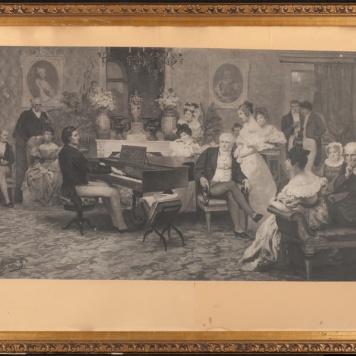 Litografia wykonana na podstawie obrazu Henryka Siemiradzkiego "Fryderyk Chopin w salonie Antoniego Radziwiłła" 