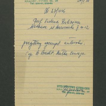 Potwierdzenie przesłania egzemplarza autorskiego "Matka Courage" B. Brechta