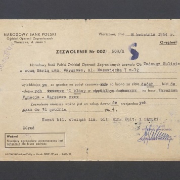 Zezwolenie z Narodowego Banku Polskiego na kupno biletów kolejowych na trasie Warszawa-Wenecja-Warszawa