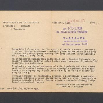 Pismo - informacja o przeniesieniu obsługi rachunków bankowych do nowej ekspozytury Rotundy PKO przy Alejach jerozolimskich nr 7