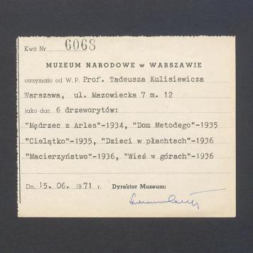 Potwierdzenie ofiarowania przez T. Kulisiewicza 6. drzeworytów dla Muzeum Narodowego w Warszawie