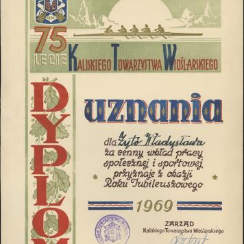 Dyplom uznania, 75 -lecie Kaliskiego Towarzystwa Wioślarskiego dla Żyto Władysława