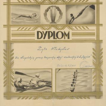 Dyplom, Żyto Władysław, za długoletnią pracę trenerską sekcji wioślarskiej Z[rzeszenia] S[portowego] „Ogniwo”