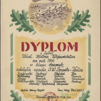 Dyplom i tytuł Wiośl. [Wioślarskiego] Mistrza Województwa na rok 1956
