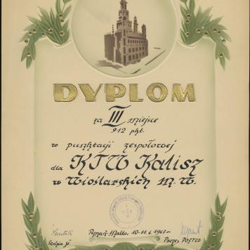 Dyplom za III miejsce (912 pkt.) w punktacji zespołowej dla KTW Kalisz